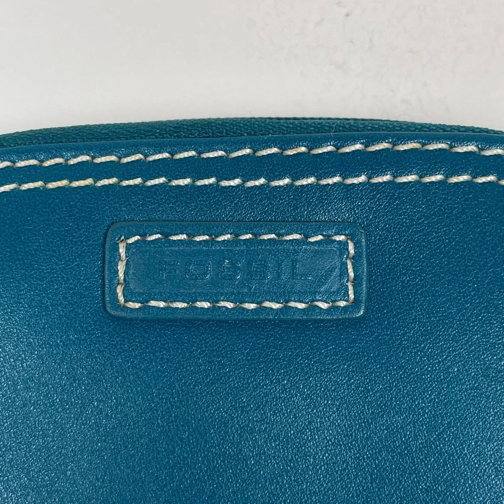 Fossil Jewelry Organizer Travel Case Teal Blue Leather Contrast Stitch Zip Pouch